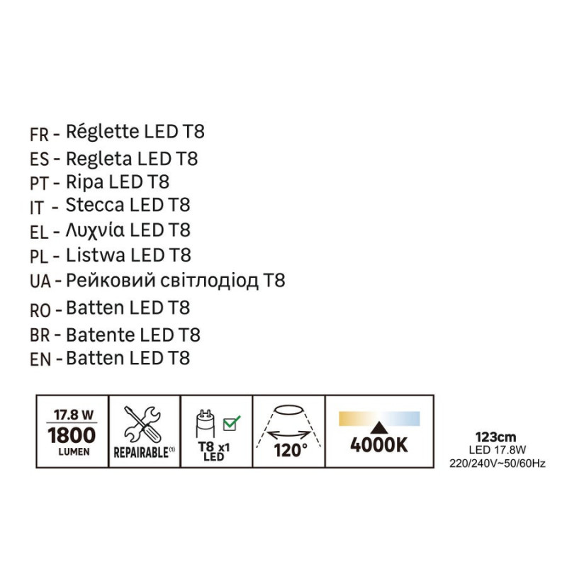 Réglette led tube, t8 125cm, 1800lm, 4000k, ip20, premier prix