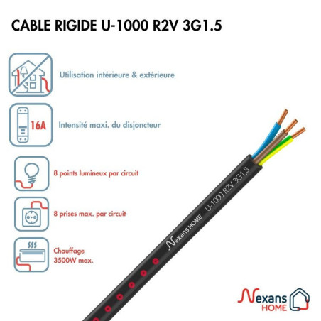 Câble électrique 3 G 1.5 mm² u1000r2v L.25 m, noir