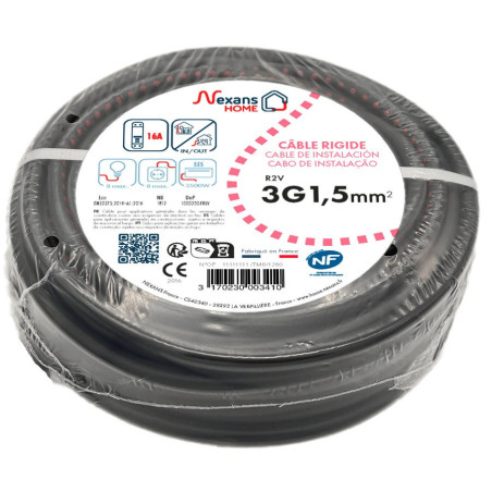 Câble électrique 3 G 1.5 mm² u1000r2v L.25 m, noir