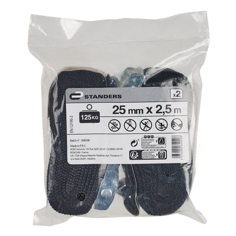 Sangle à griffes largeur 25mm x longueur 2.5m noir 125 kg, STANDERS lot de 2