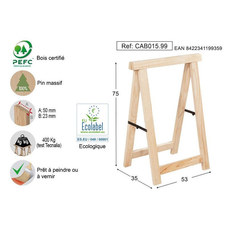Tréteau bois pinpro ASTIGARRAGA, H.75 x l.53 cm