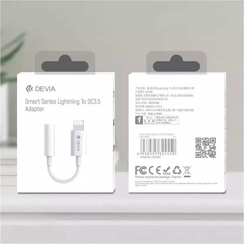 Adaptateur Lightning vers Jack 3,5 mm Smart Series Blanc - DEVIA - DEVIA_EC090