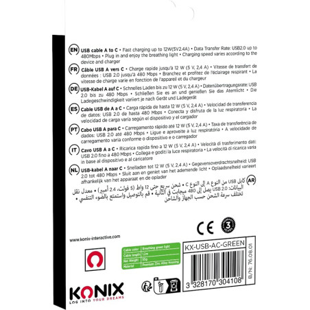 Câble LED USB-A vers Usb-C Vert - KONIX - 61889000076