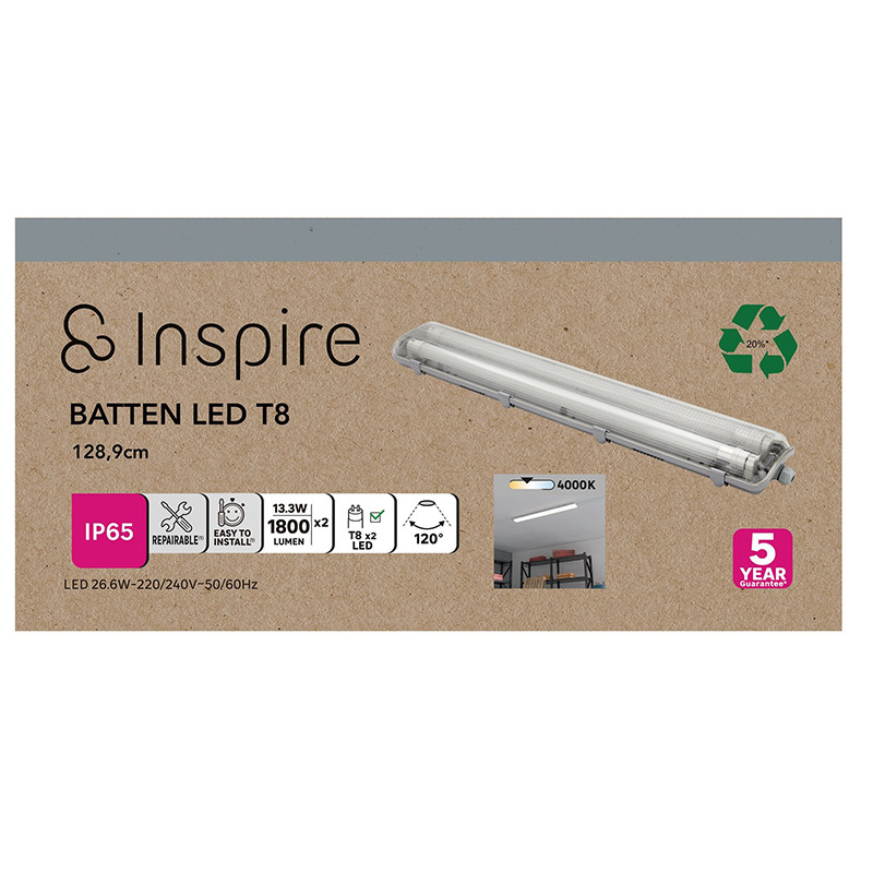 Réglette étanche led, 2xt8 128cm, 3600lm, 4000k, ip65, INSPIRE
