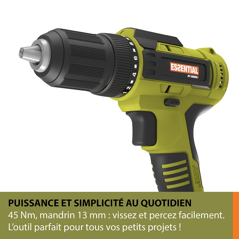 Perceuse visseuse sans fil 20V 45nm+1 batterie 2Ah Vert/Noir - ESSENTIAL