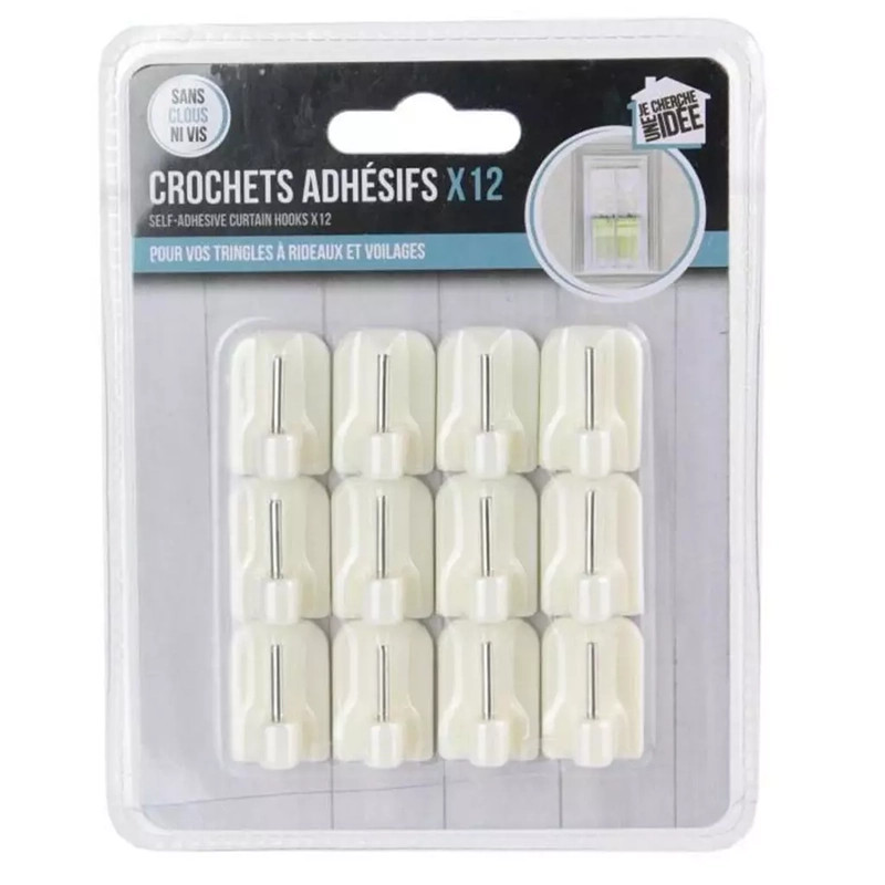 Lot de 12 crochets adhésifs tringle à rideau 2cm Blanc