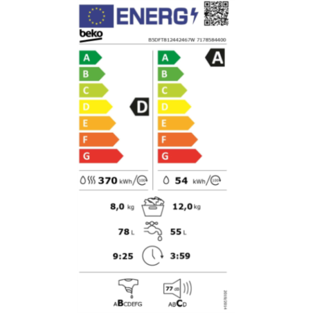 Lave-linge séchant hublot 1400 tr/min 12/8 kg Blanc - BEKO - B5DFT812442467W