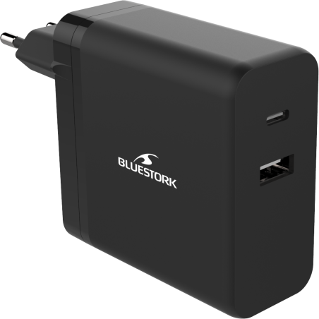 Chargeur secteur vers USB et USB-C 65W +câble 1m80 noir - BLUESTORK - BS_PW_NB_65_C