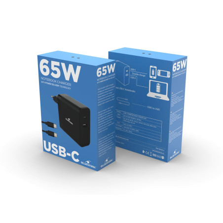 Chargeur secteur vers USB et USB-C 65W +câble 1m80 noir - BLUESTORK - BS_PW_NB_65_C