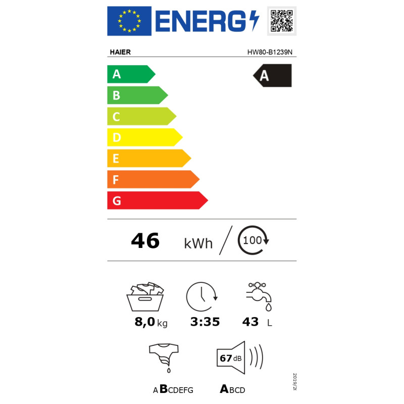 Lave-linge hublot Serie 39 8kg 1200trs/min blanc- HAIER - HW80-B1239N-FR