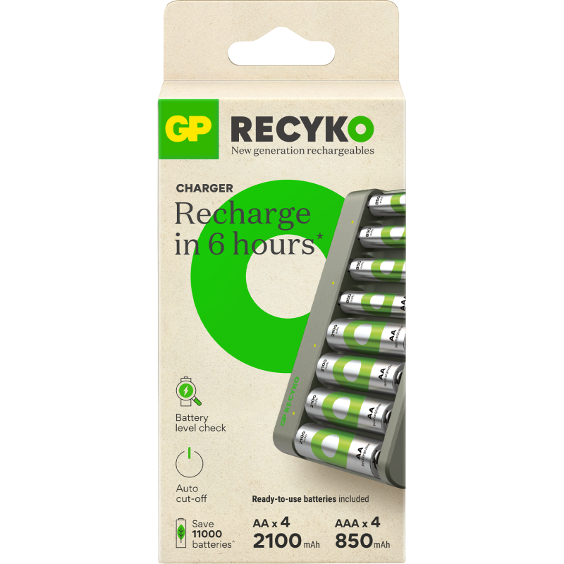Chargeur de piles USB E821 Recyko 4 piles AA 2100mAh + 4 piles AAA 850mAh Noir/Gris - GP - 202267
