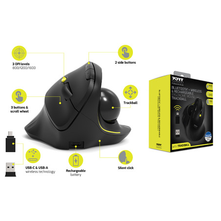 Souris ergonomique sans fil rechargeable avec boule directionnelle - PORT DESIGNS - 900719