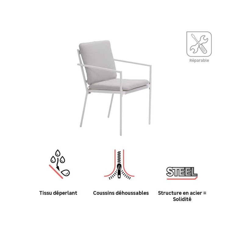 Set de 2 fauteuils repas Sigma en acier avec coussins Blanc - NATERIAL - :100286167