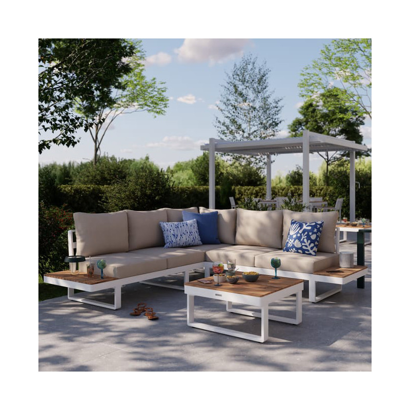 Salon d’angle Persea 5 places en aluminium Blanc/Beige - NATERIAL - 90339832