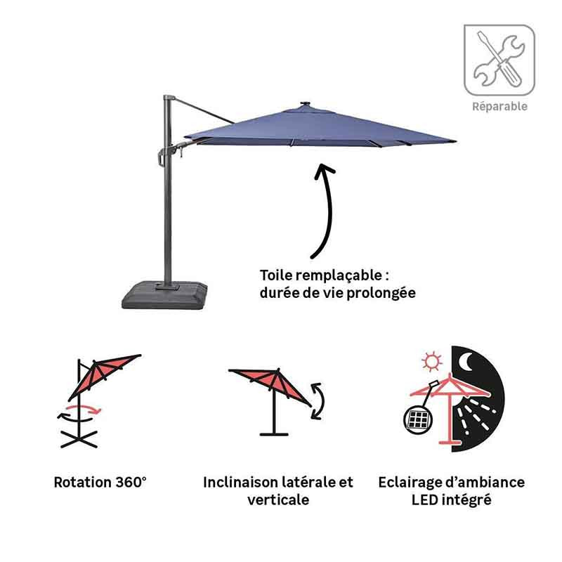 Parasol déporté Sonora II LED + Pied L.288 x l.288 cm Marin - NATERIAL - 87100483