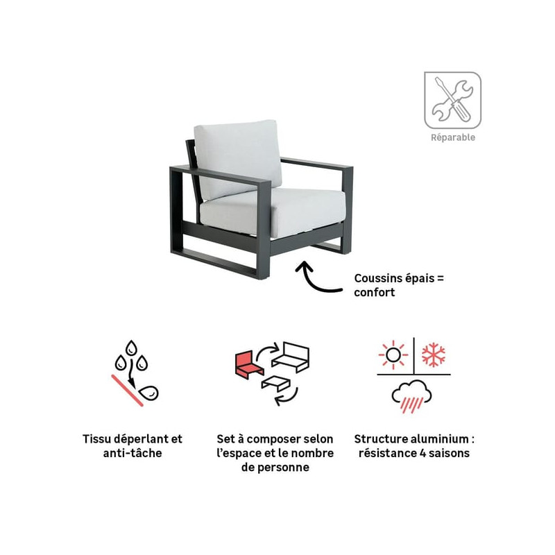 Fauteuil Athena en aluminium avec coussin Gris - NATERIAL - 86549128