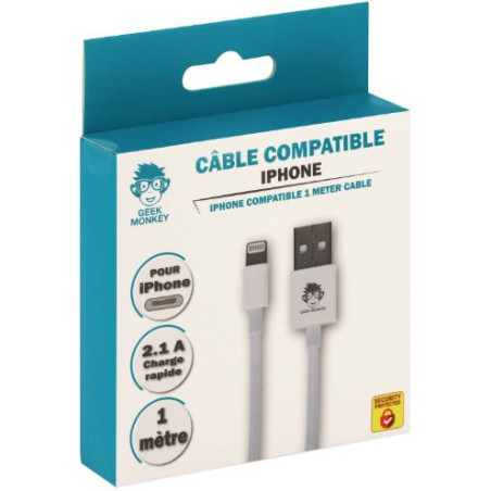 Câble USB-A 2.1 compatible IPhone Lightning 1 m Blanc - GEEK MONKEY - GM022 - 36006138 - collab
