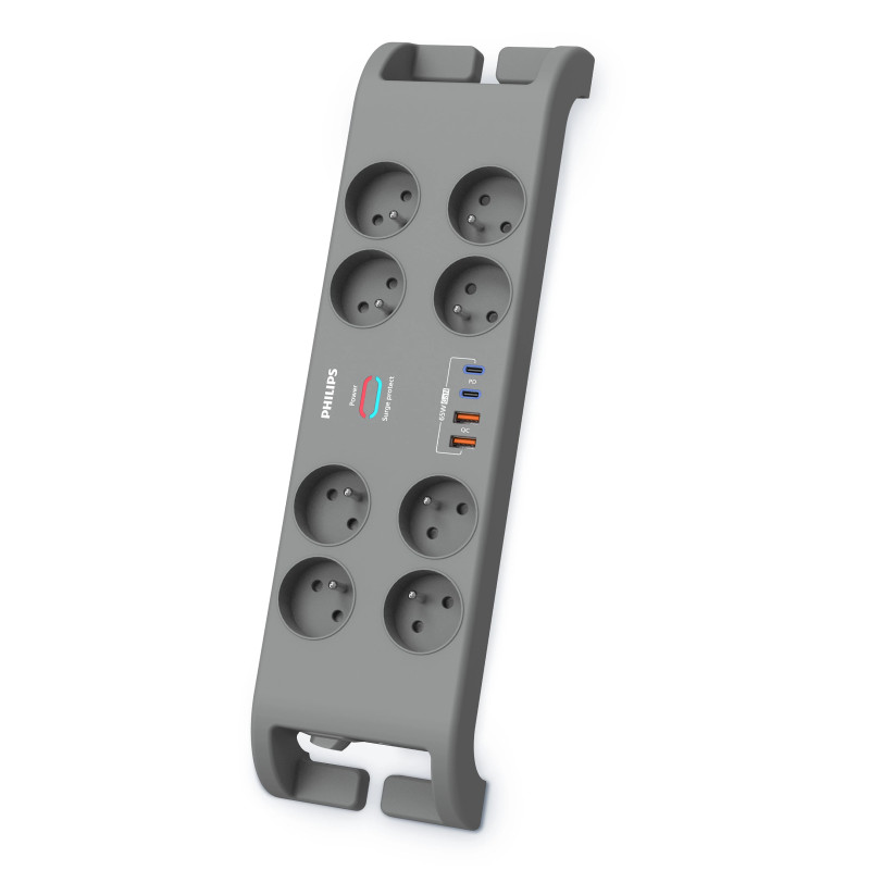 Multiprise parasurtenseur, 8 prises+2xType-C+2xUSB-A-2m Gris - PHILIPS - PRISSPN9180GA/19