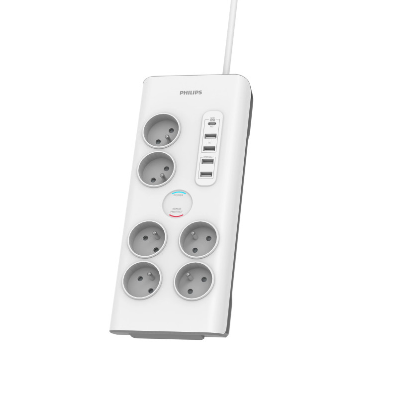 Multiprise parasurtenseur, 6 prises+Type-C+4xUSB-A-2m Blanc  - PHILIPS - PRISSPN7063WA/19