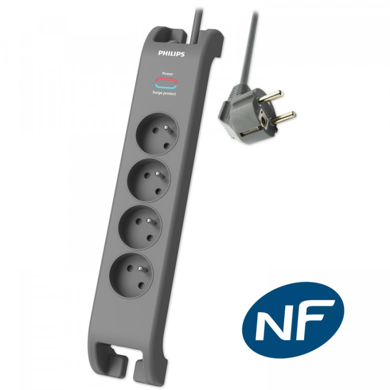 Multiprise parasurtenseur, 4 prises-2m Gris - PHILIPS - PRISSPN3140A/19