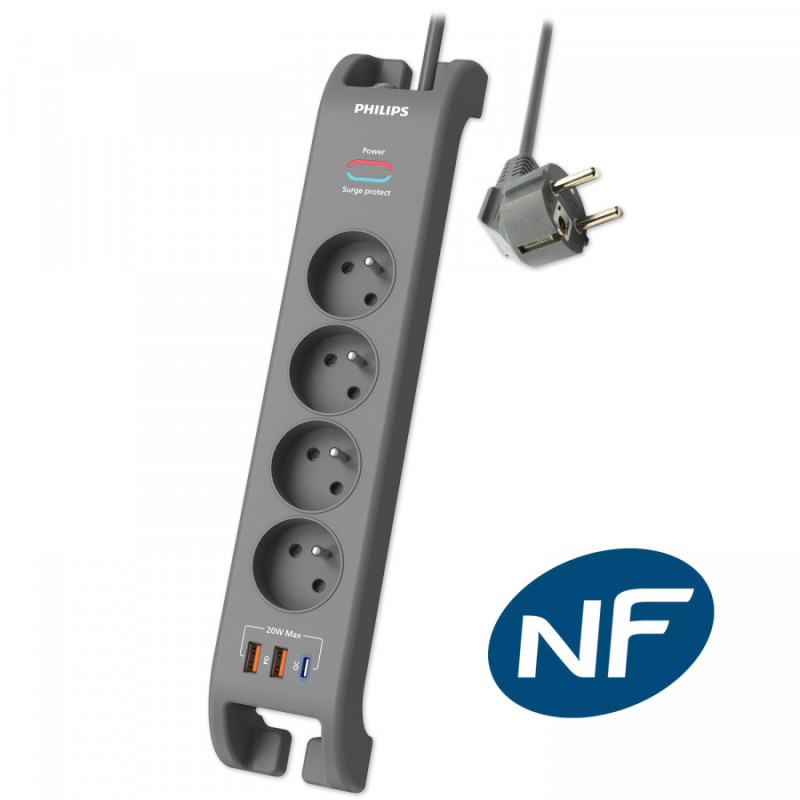 Multiprise parasurtenseur, 4 prises+Type-C+2xUSB-A-2m Gris - PHILIPS - PRISSPN4140GA/19