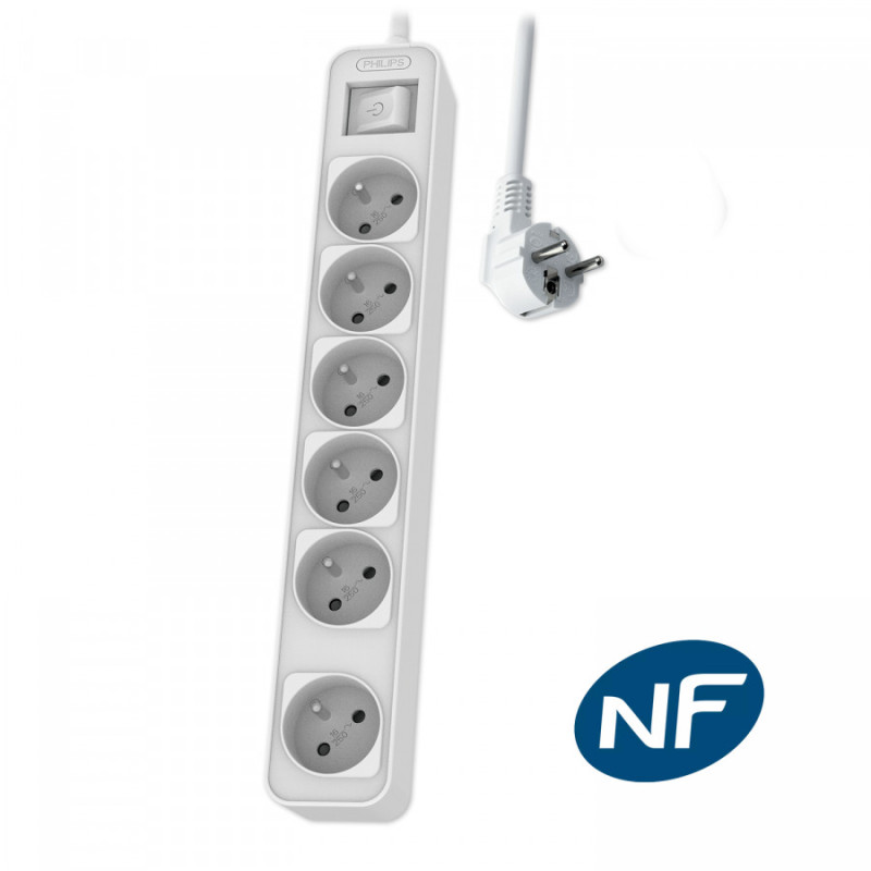 Multiprise avec interrupteur, 6 prises-3m Blanc - PHILIPS - PRISCHP2164WB/19