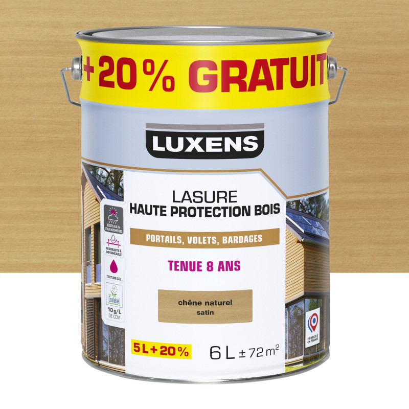 Lasure LUXENS 8 ans chêne naturel satiné 5 litres + 20 % gratuit