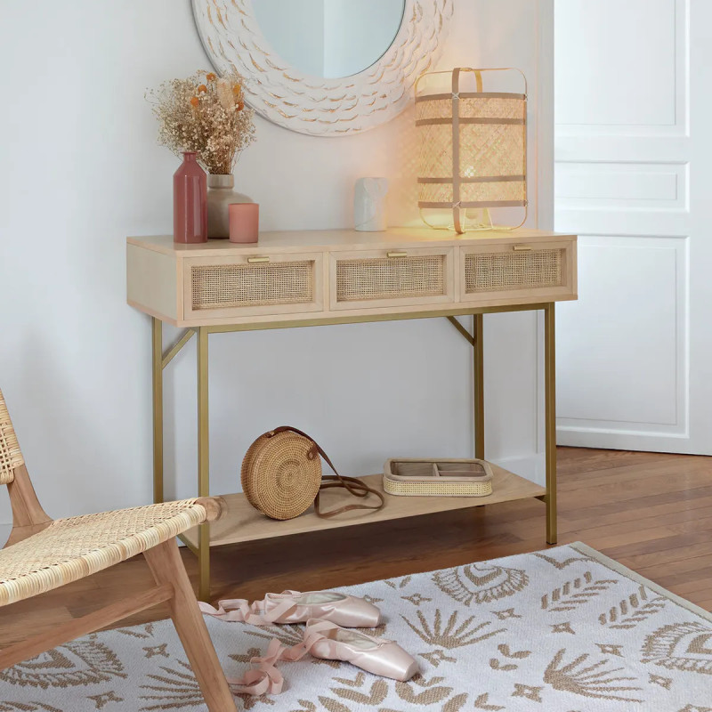 Console 3 tiroirs en cannage RAYO - 110x40x80,5 cm