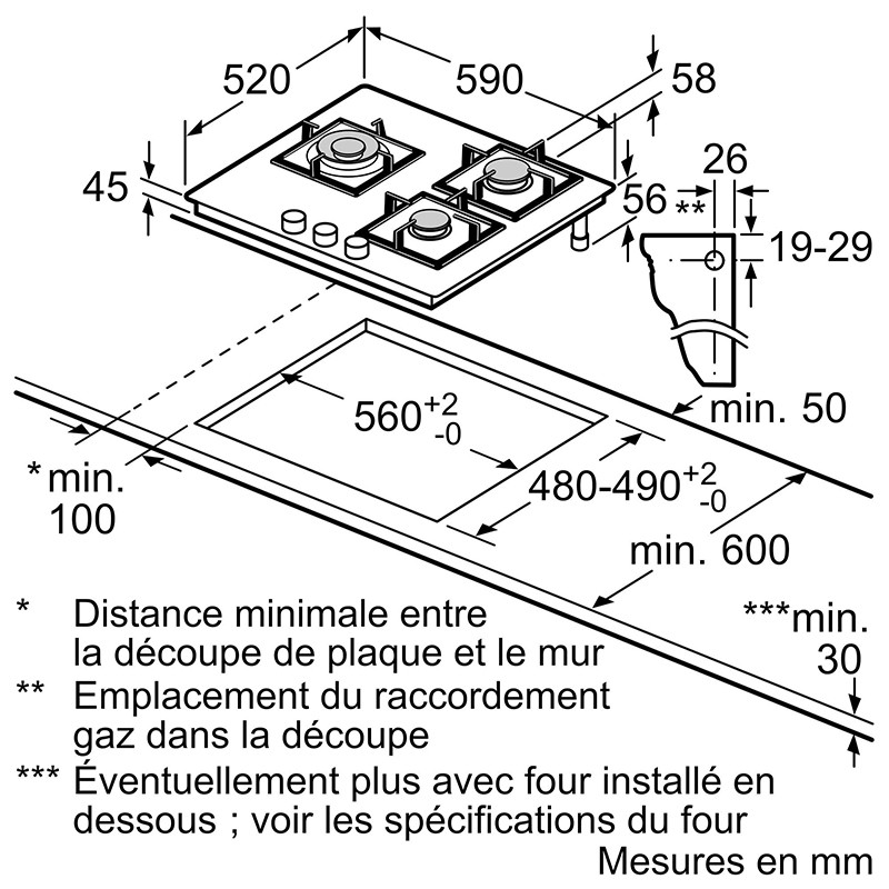 Plaque de cuisson à gaz iQ500 3 feux 60 cm Verre noir - SIEMENS - EP6A6CI10