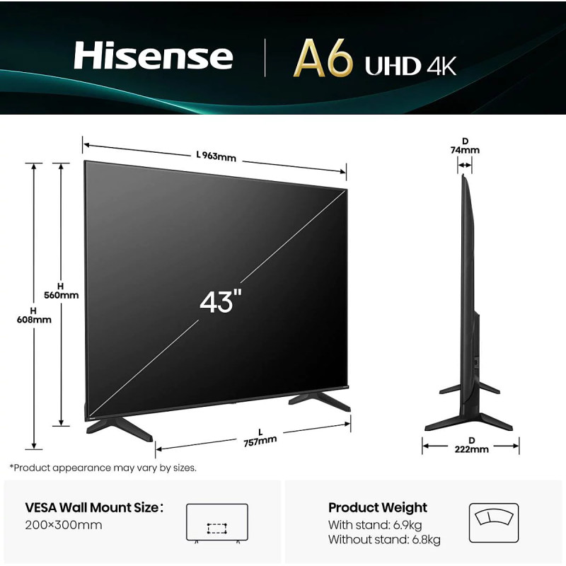 TV - LED - HISENSE - 108 cm - 4K -  60Hz - Smart TV - 43A6Q