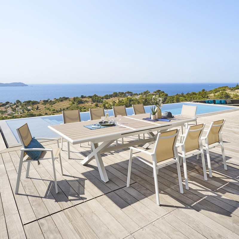 Table de jardin extensible AXIOME Effet bois Lin & Blanc - 10 personnes - HESPERIDE