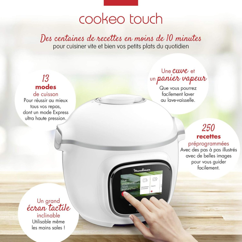 Multicuiseur intelligent Cookeo Touch 6L 1600W blanc - MOULINEX - CE901100