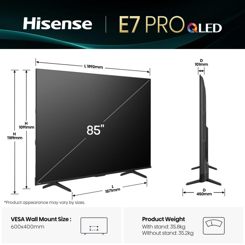 TV - QLED - HISENSE - 215 cm - 4K - 144Hz - Smart TV - 85E7QPRO