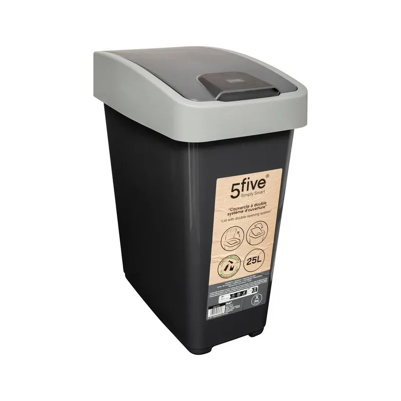 Poubelle rectangulaire à 2 ouvertures plastique 25L Gris - 5FIVE