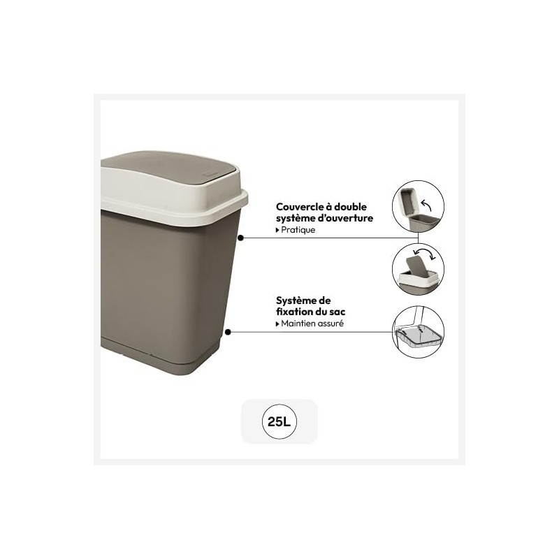 Poubelle rectangulaire à 2 ouvertures 25L Beige - 5FIVE SIMPLY SMART
