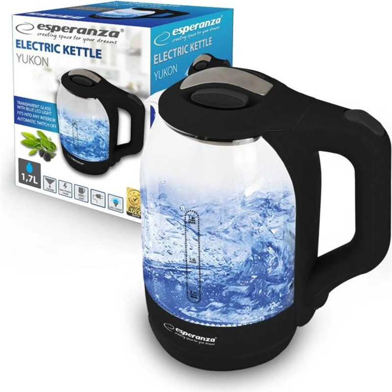 Bouilloire électrique Yukon 1,7L 1500W noir - ESPERANZA - CAFEKK025K