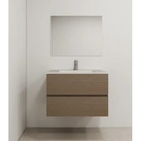 Ensemble Meuble de salle de bain chene celtique 60cm suspendu 2 tiroirs + vasque ceramique blanche + miroir
