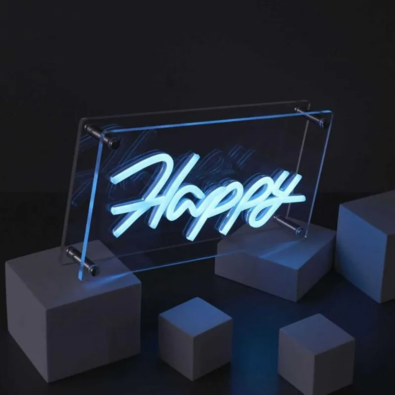 Lampe acrylique effet néon Happy Bleu - PARIS PRIX