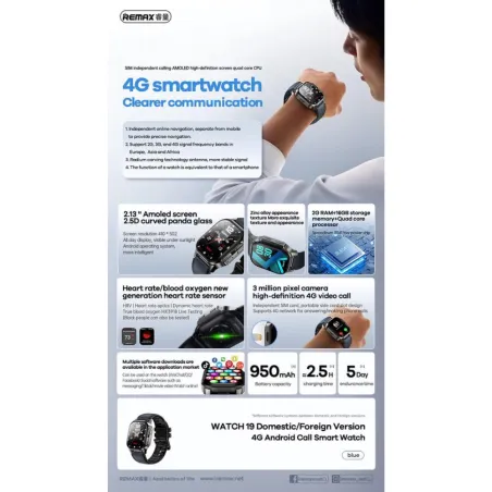 Montre connectée Android 4G Watch19 bleu - REMAX - REMWATCH19BL