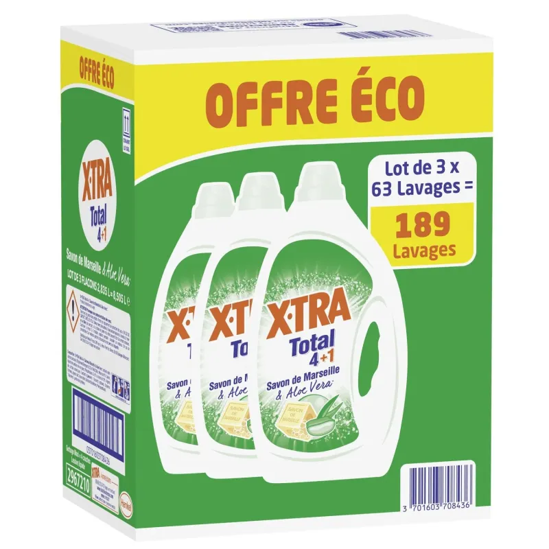 Lot de 3 lessives liquide Total 4+1 savon de marseille et aloé vera 189 lavages OFFRE ÉCO - XTRA - 70843