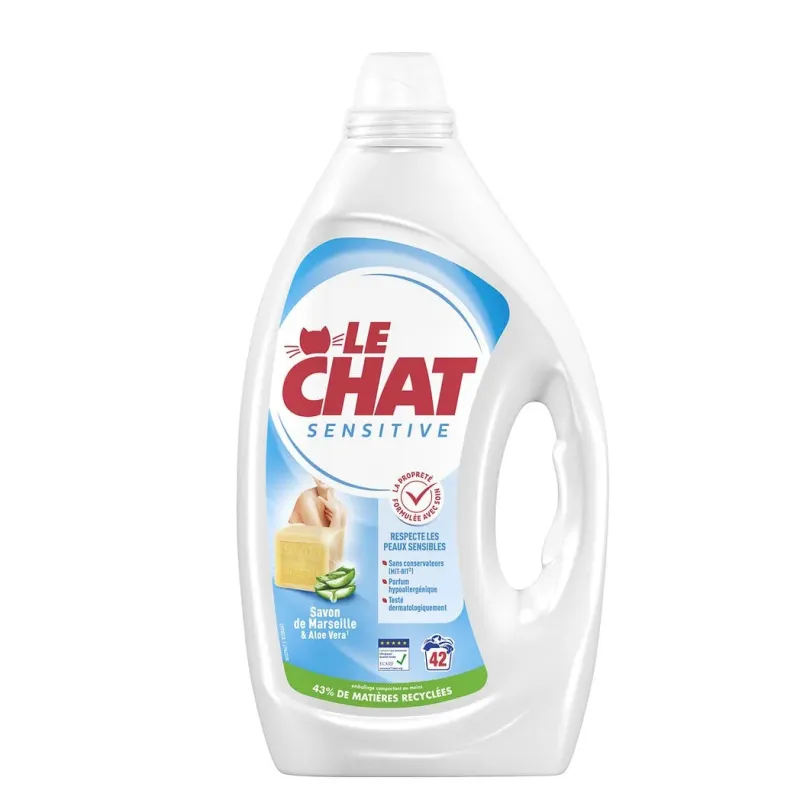 Lessive liquide sensitive savon de marseille et aloé vera 24 lavages 1,08L - LE CHAT - 36801
