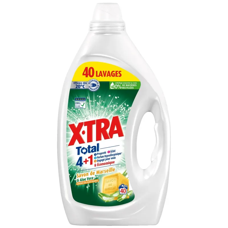 Lessive liquide Total 4+1 savon de marseille et aloé vera 40 lavages 1,8L - XTRA - 36974