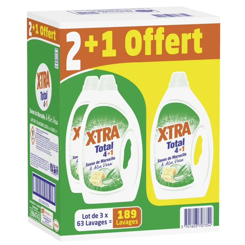 Lot de 3 lessives liquide Total 4+1 savon de marseille et aloé vera 189 lavages FORMAT FAMILIAL - XTRA - 70735