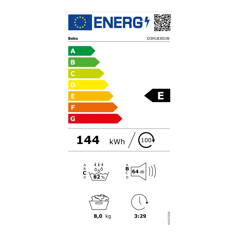 Sèche-linge hublot pompe à chaleur Eco Sense 8Kg Blanc - BEKO - D3H18301W