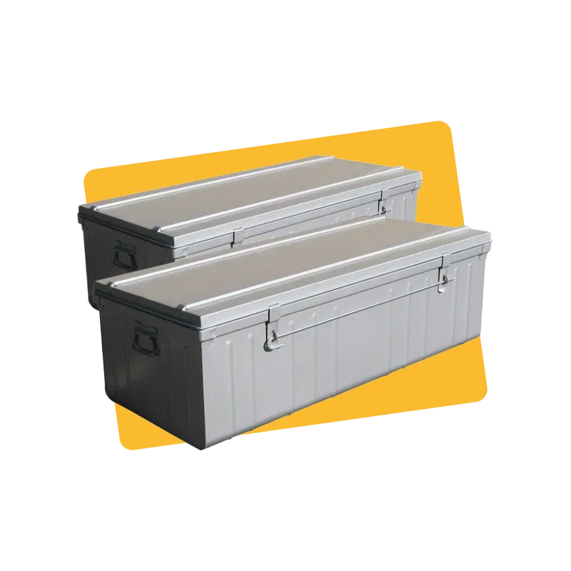 Lot de 2 cantines métal emboitées SNOR, peinture aluminium, 90 et 100 cm