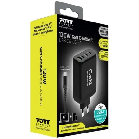 Chargeur secteur GaN 120W 3x USB-C + 1x USB-A Noir - PORT DESIGNS - 900107-EU