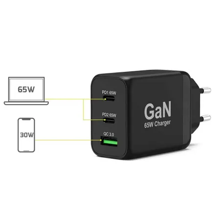 Chargeur secteur GaN 65W 2x USB-C + 1x USB-A Noir - PORT DESIGNS - 900106-EU