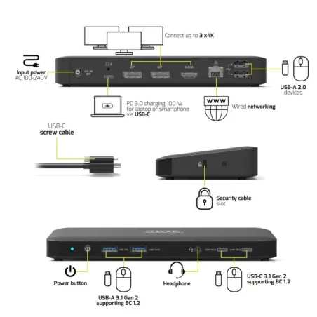 Station d’accueil USB-C 100W 11 ports 3 x 4K Noir - PORT DESIGNS - 901910V2EU
