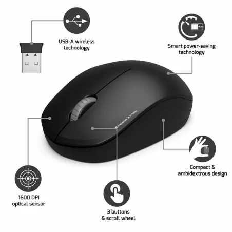 Souris sans fil Ambidextre 2.4 GHz 1600 DPI Noir - PORT DESIGNS - 900540