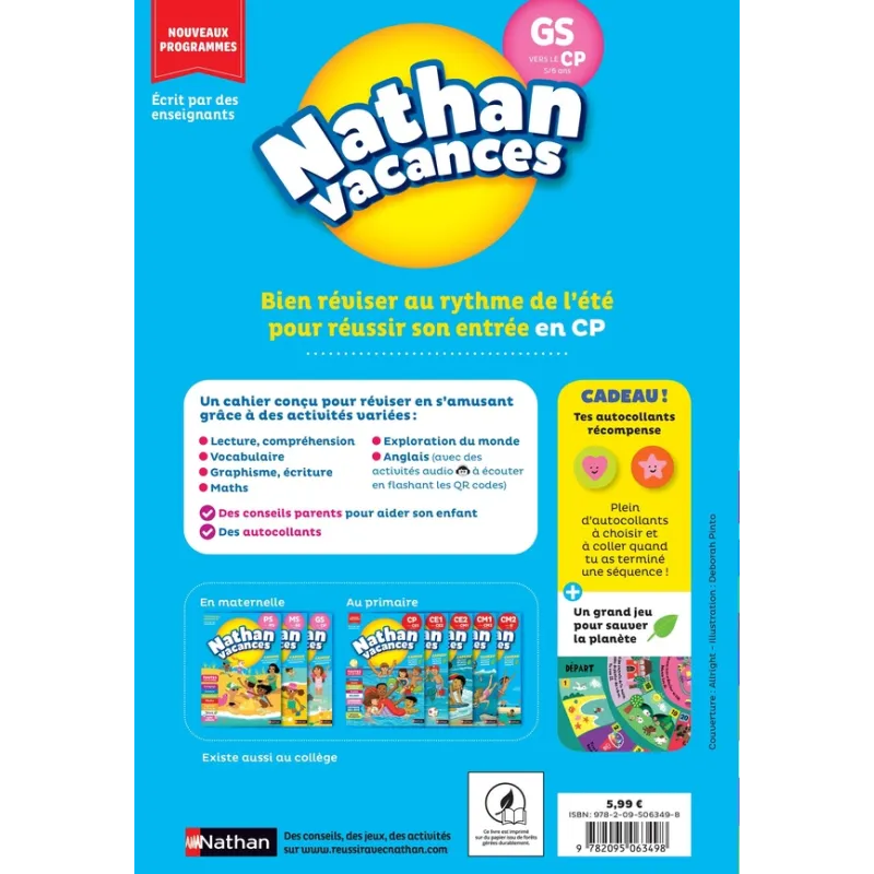 Nathan vacances : Toutes les matières ; GS vers le CP - Sandrine Guillore-Chotard, Christelle Chambon, Bénédicte Colin,... - rav